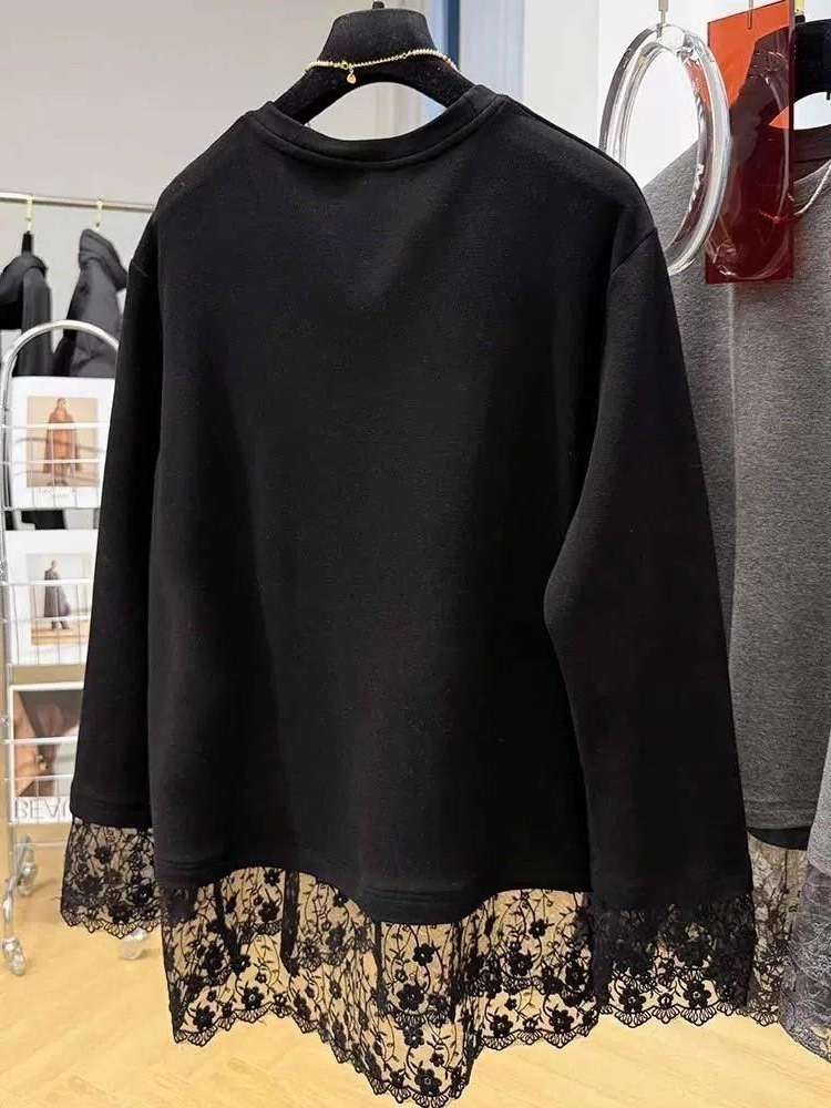 Longline Tee Oversized - เสื้อยืดแขนยาวผู้หญิง แต่งลูกไม้ ผ้าฟลีซบุซับใน อุ่นสบาย ใส่เป็นเสื้อตัวใน ทรงหลวม