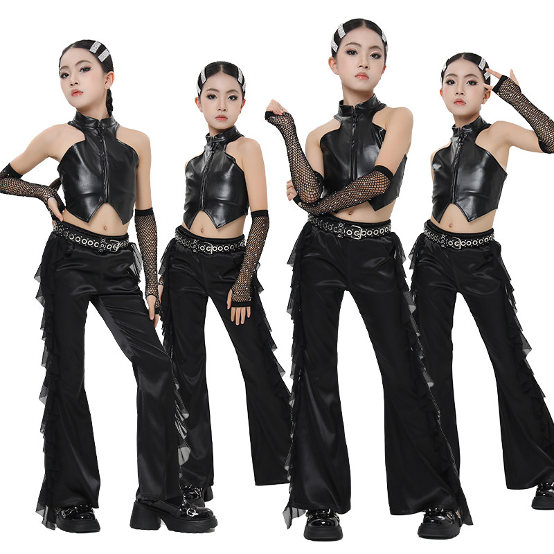 Street Fashion Kpop - แฟชั่นเสื้อคอปกแบบไม่สมมาตร กางเกงเด็กผู้หญิง ชุดเต้นแจ๊ส เสื้อผ้าฮิปฮอปสำหรับเด็ก สตรีทแวร์ ชุดแสดงบนเวที