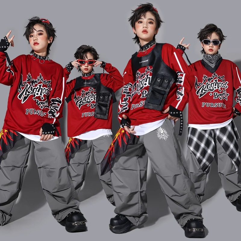 Street Fashion Kpop - เสื้อสเวตเชิ้ต K-pop สำหรับเด็กผู้ชาย เสื้อกั๊กแฟชั่น กางเกงหลวม ชุดฮิปฮอป