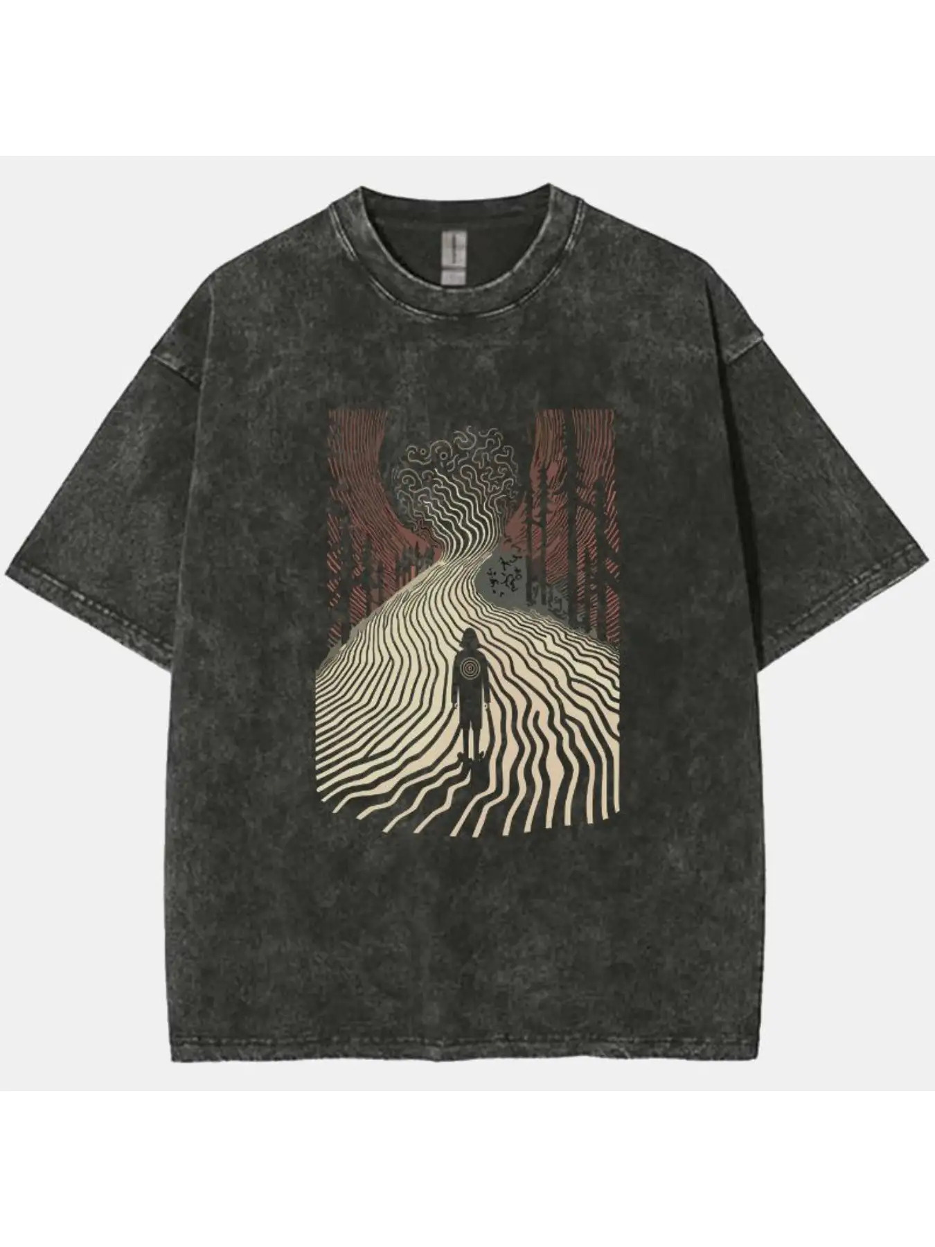 Longline Tee Oversized - เสื้อยืดวินเทจสีดำสำหรับผู้ชายและผู้หญิง พร้อมลายพิมพ์เส้นศิลปะนามธรรมสีเบจและสีน้ำตาล - เสื้อคอกลมแขนสั้นทรงหลวมสไตล์ลำลอง ดีไซน์มินิมอลสีเดียว เหมาะสำหรับใส่ในชีวิตประจำวัน