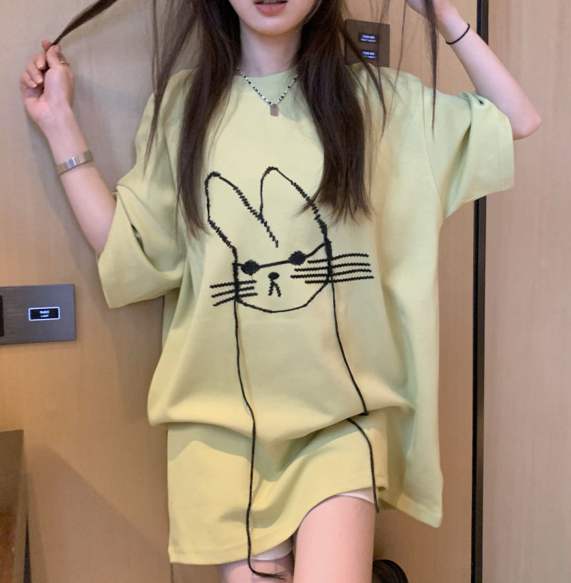 Longline Tee Oversized - เสื้อยืดแขนสั้นลำลองทรงหลวมพิมพ์ลายอายุลดลงแบบมินิมอลเสื้อยืดสีทึบใส่ได้หลายโอกาส2023ฤดูร้อนแฟชั่น