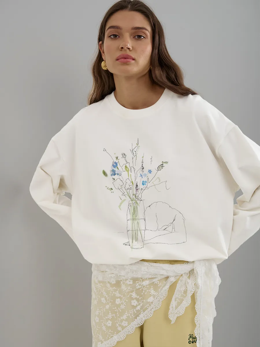 Longline Tee Oversized - เสื้อยืดแขนยาวผู้หญิงใหม่สำหรับฤดูใบไม้ร่วง ผ้าฝ้าย พิมพ์ลายเส้นดอกไม้สไตล์มินิมอล ทรงหลวม ใส่สบาย เหมาะสำหรับการใช้งานในชีวิตประจำวัน