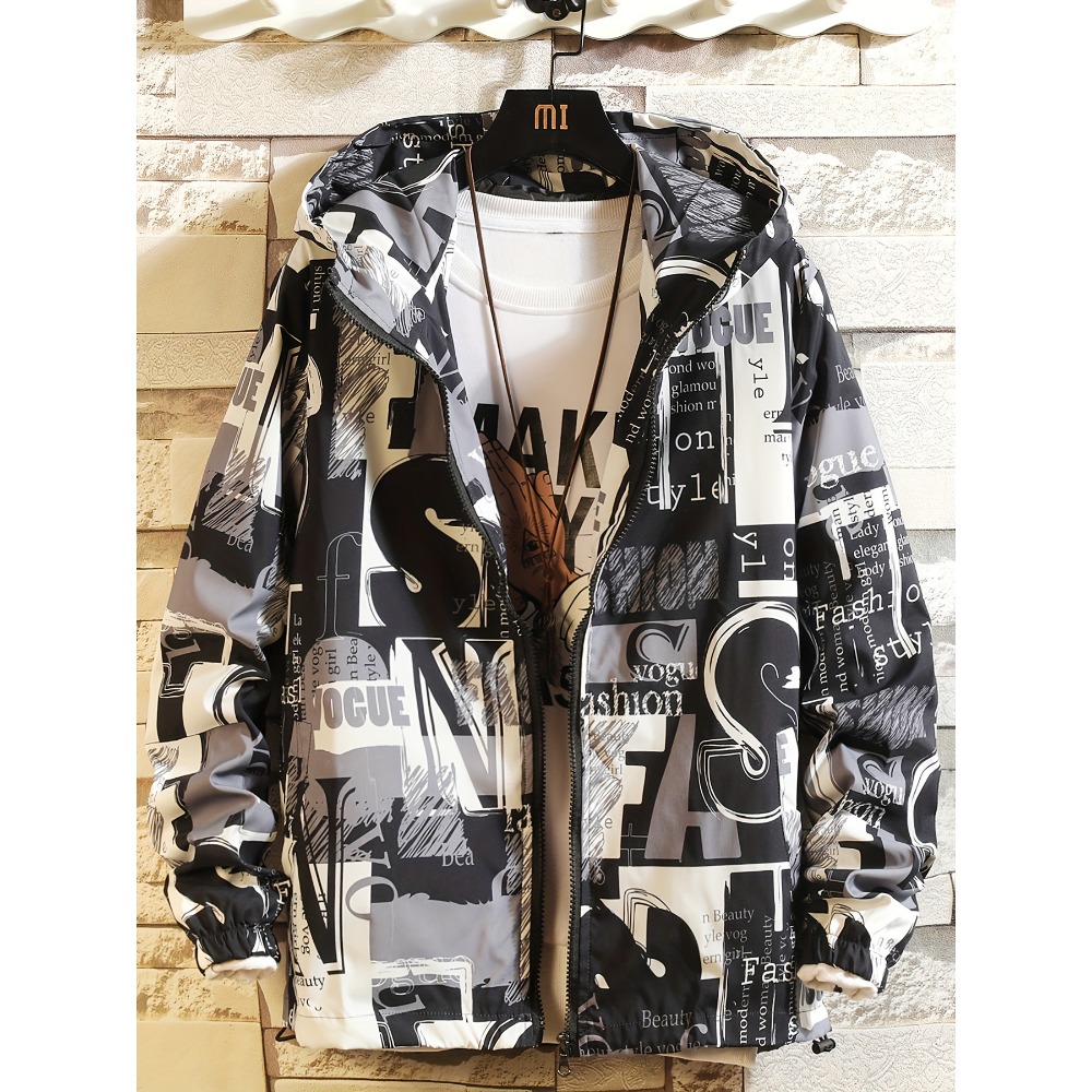Street Fashion Vogue - เสื้อแจ็คเก็ตกันลมมีฮู้ดสไตล์สตรีทแฟชั่น ลายตัวอักษร พร้อมดีไซน์สีดำ ขาว แดง ตัดต่อสี