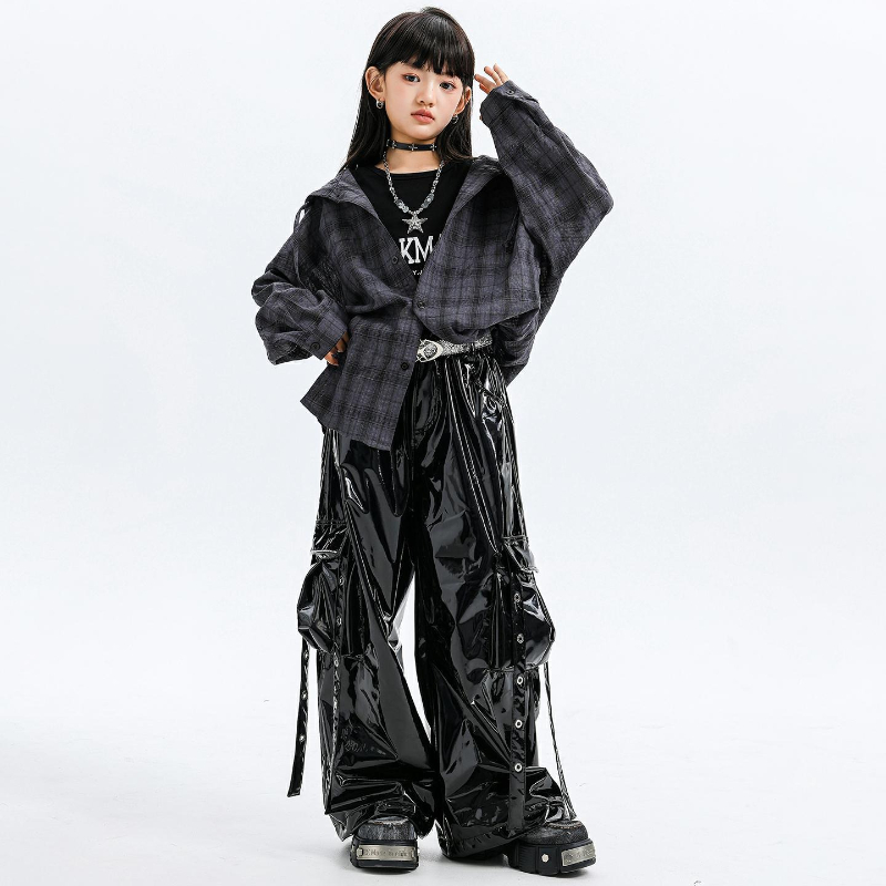 Street Fashion Kpop - ชุดเต้นแจ๊สสำหรับเด็กผู้หญิง เสื้อเชิ้ตมีฮู้ดลายสก็อต กางเกงหนัง ชุดเท่ๆ สไตล์เคป๊อป แฟชั่นกลุ่ม