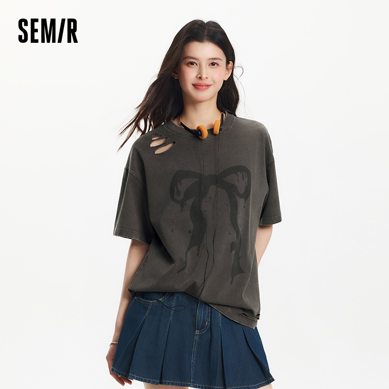 Longline Tee Oversized - เซมีร์เสื้อยืดแขนสั้นผ้าฝ้ายโอเวอร์ไซส์สไตล์วินเทจสำหรับผู้หญิง ดีไซน์โบว์ยาว รุ่นใหม่ประจำฤดูร้อนปี 2025 สไตล์เรโทร