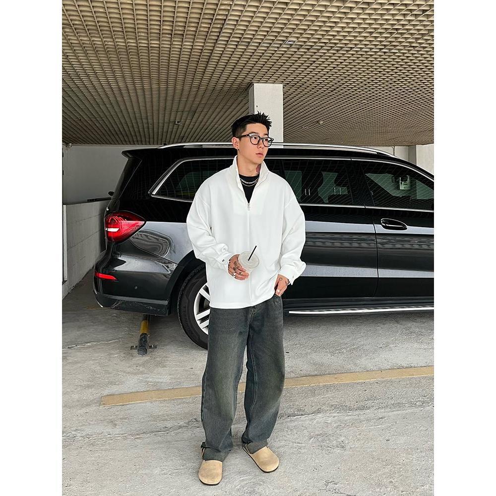 Longline Tee Oversized - เสื้อทีเชิ้ตผู้ชายเนื้อผ้าทอลายทแยงมีซิปเสื้อยืดสีขาวชุดลำลองย้อนยุคฤดูใบไม้ร่วงฤดูหนาว