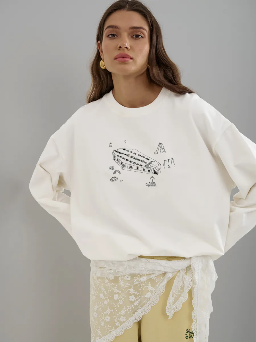 Longline Tee Oversized - เสื้อยืดแขนยาวผู้หญิงผ้าฝ้าย 100% ลายพิมพ์ลายเส้นมินิมอลที่หน้าอก ทรงหลวมโอเวอร์ไซส์ สไตล์ลำลองสำหรับผู้หญิง