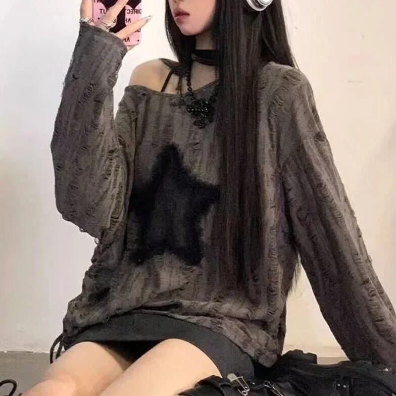 Street Fashion Kpop - เสื้อยืดพิมพ์ลายดาว Y2K แฟชั่นสตรีทแวร์สำหรับผู้หญิง เสื้อเปิดไหล่ทรงหลวมสไตล์โอเวอร์ไซส์ แขนยาว แนว