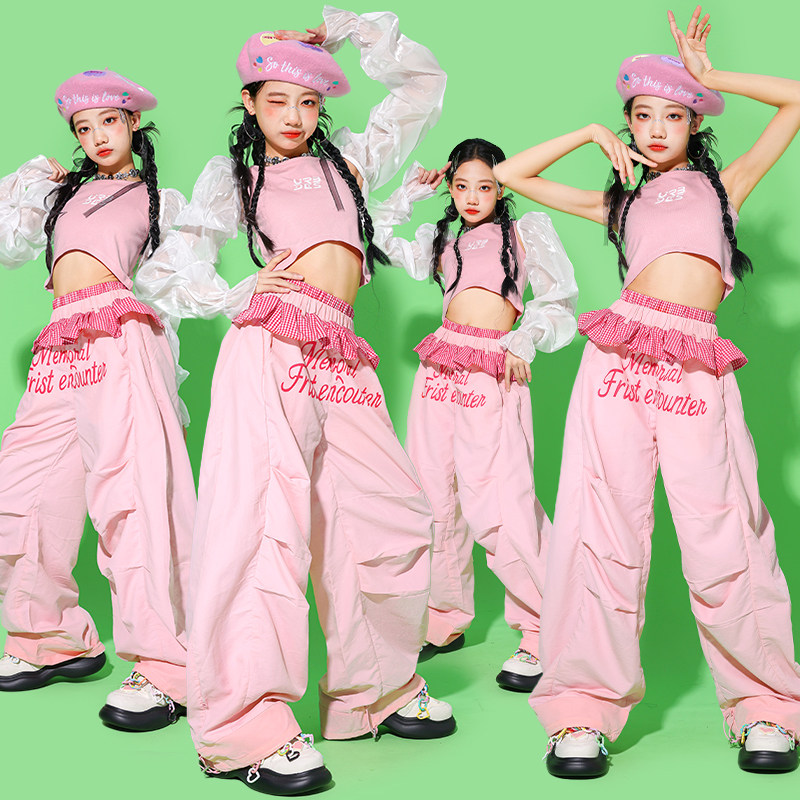 Street Fashion Kpop - เสื้อผ้าเต้นแจ๊สสำหรับสาวๆ ชุดเคป๊อป ชุดแสดงฮิปฮอป กางเกงสีชมพู ชุดแฟชั่นสำหรับการแสดงเต้นสตรีท