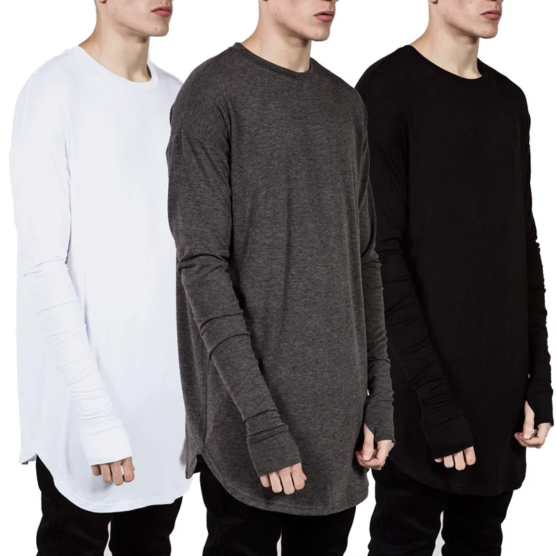 Longline Tee Oversized - เสื้อยืดแขนยาวผู้ชายแบบมีรูสำหรับนิ้วโป้ง ทรงหลวม สไตล์ฮิปสเตอร์ เสื้อยืดโอเวอร์ไซส์ ฮิปฮอป สตรีทแวร์